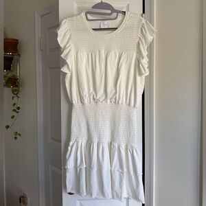 Anthropologie Sundays White Smocked Mini Dress Cotton Ruffle Sleeve - Size M
